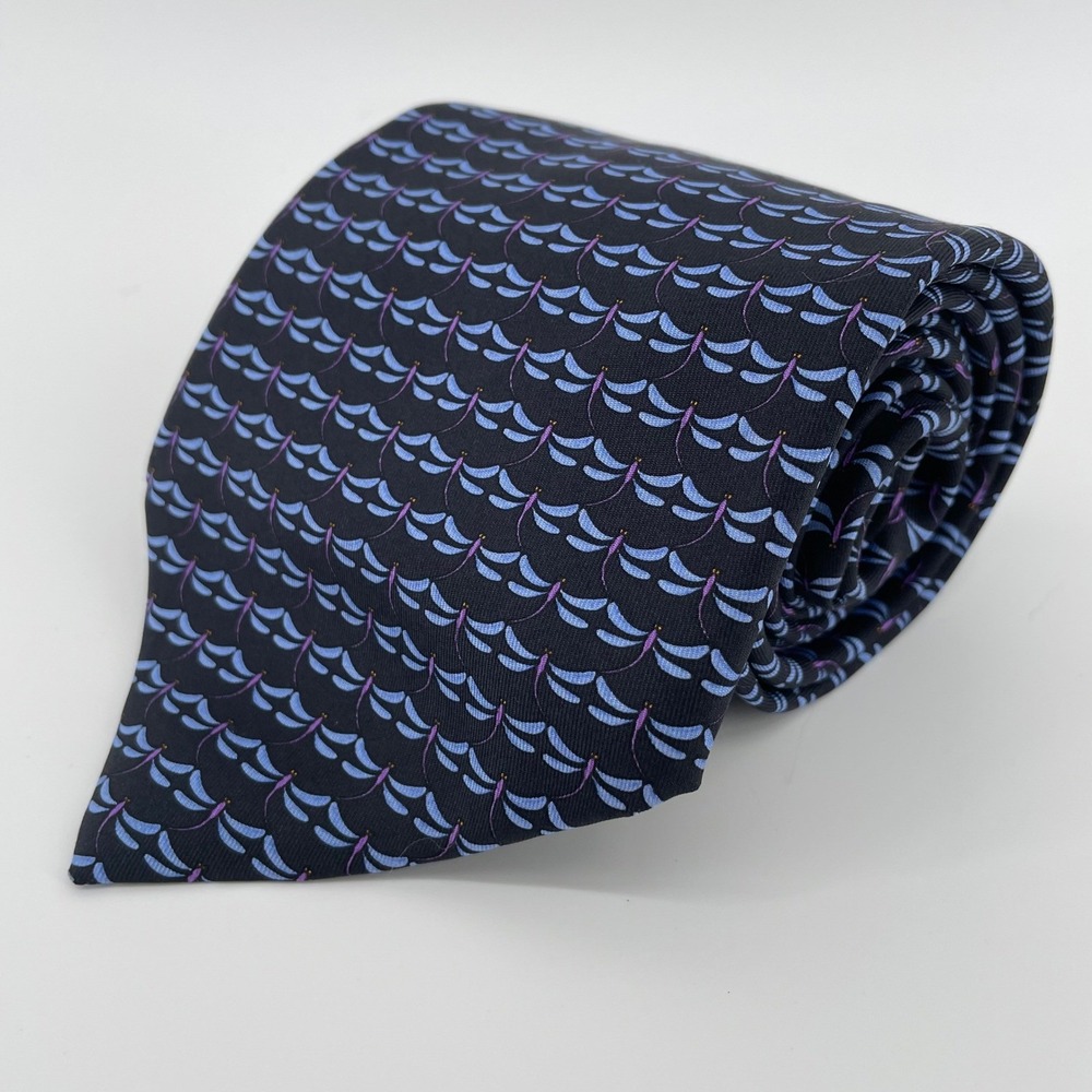 Robert Talbott Men's Silk Tie Navy Blue Purple Dragonfly Pattern Hand Sewn USA